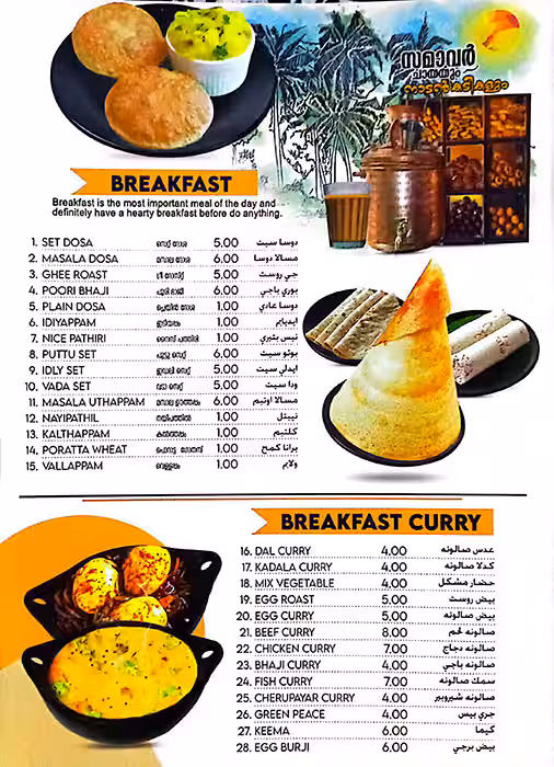 Kunjikkas Cafe menu board — breakfast and curries